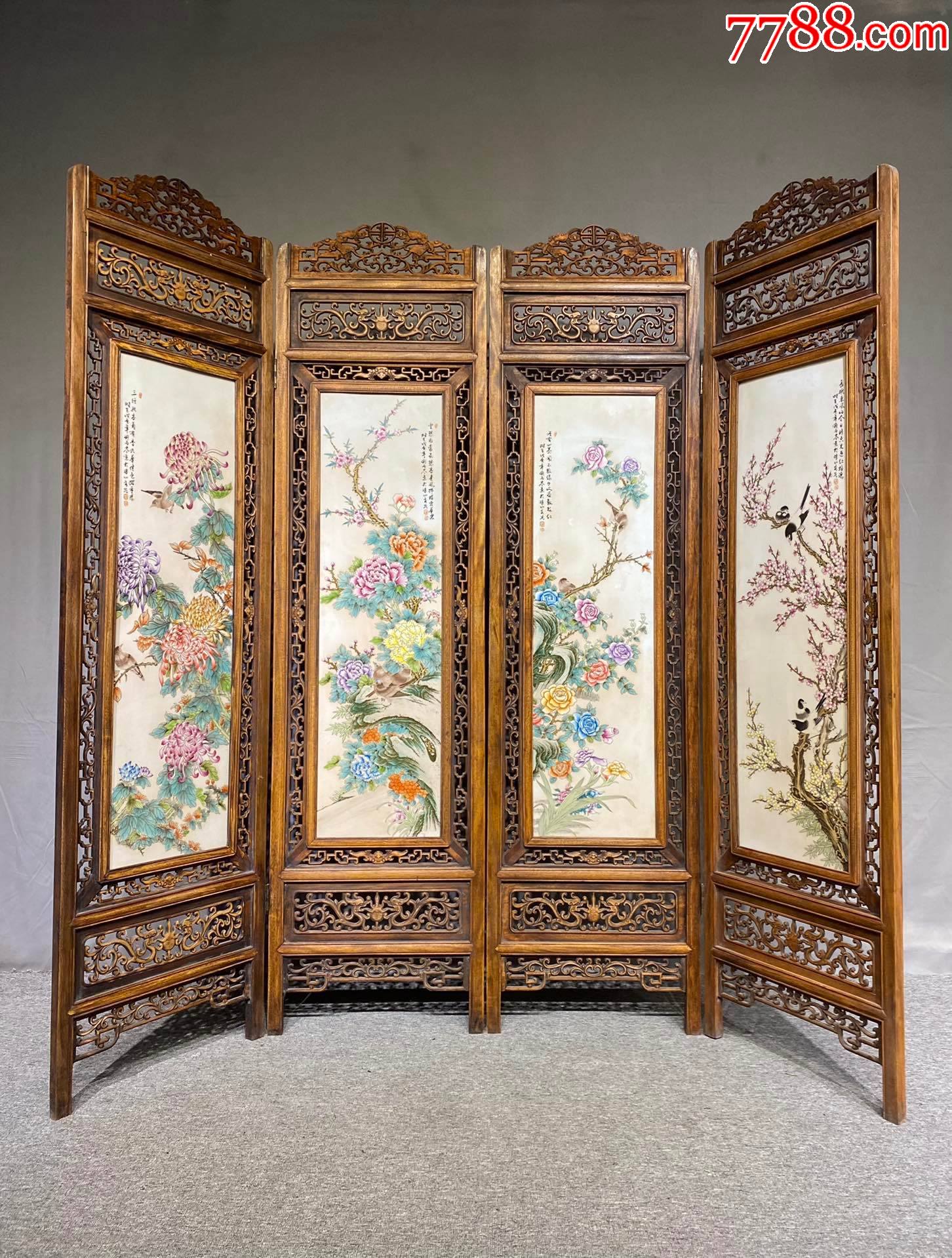 精品黄花梨雕刻老框镶瓷板画花鸟四折落地大屏风