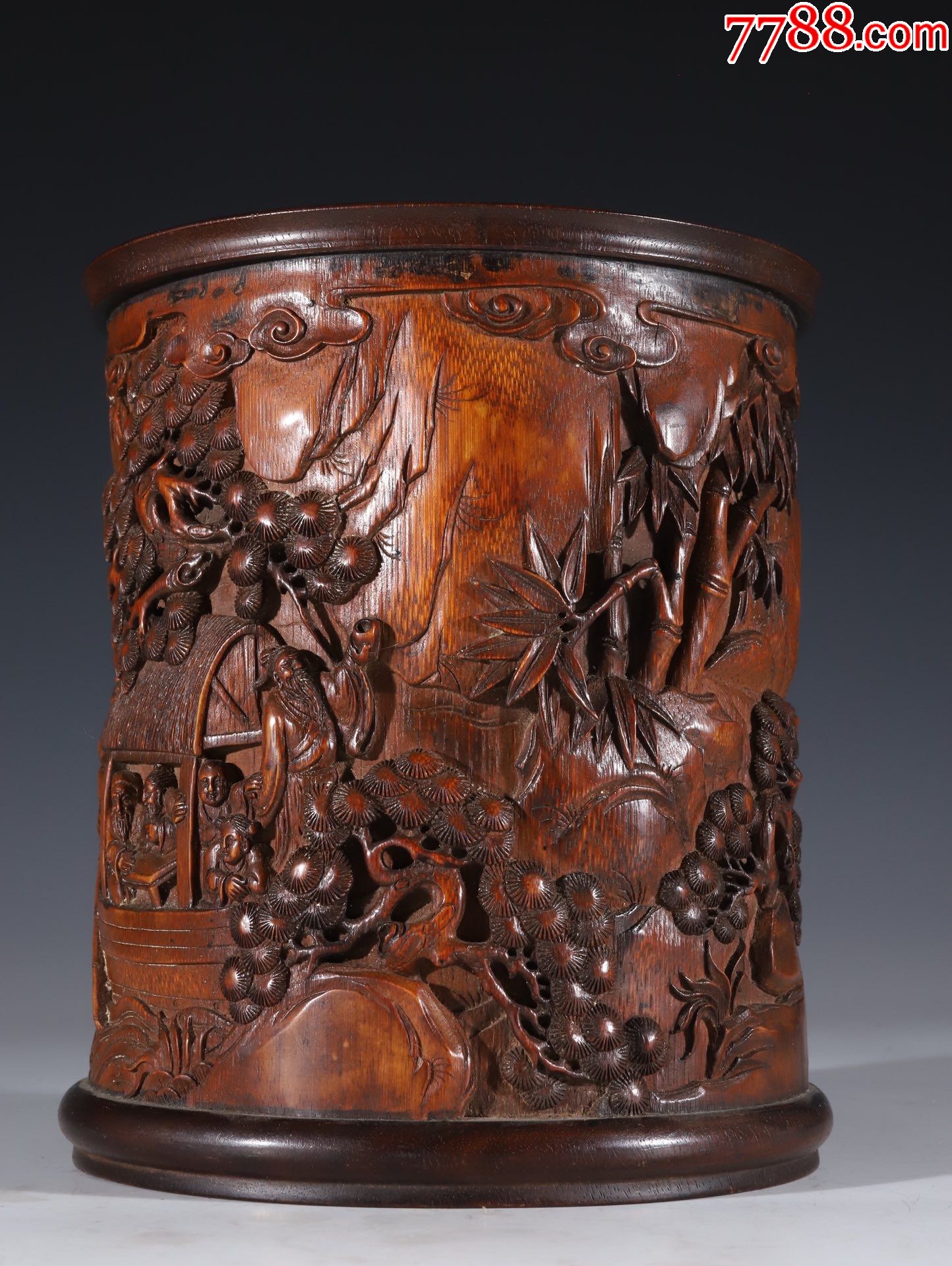 清代老竹雕人物故事文房笔筒