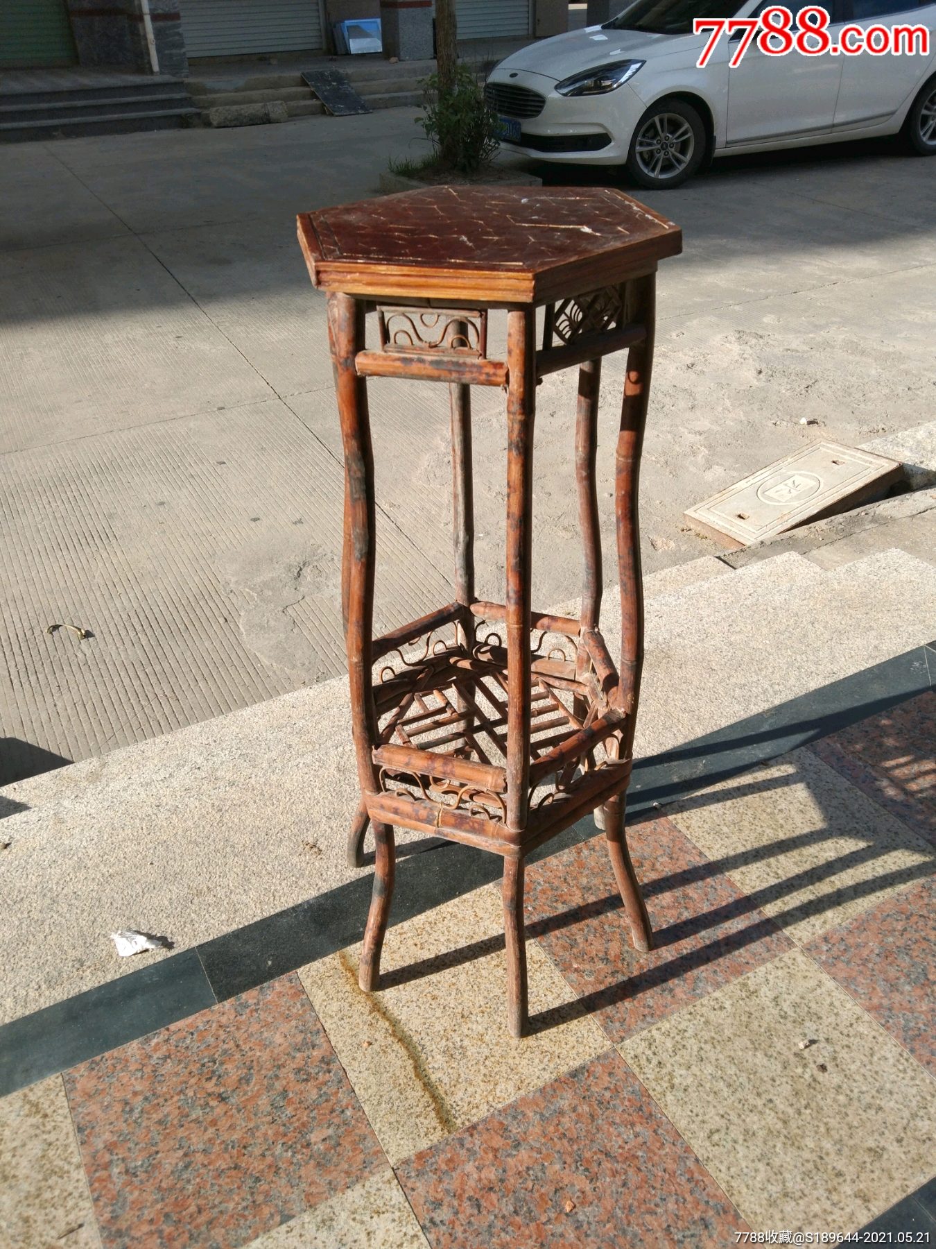 民国六角六面工竹器花几高92面32cm完整文人用器器型精美