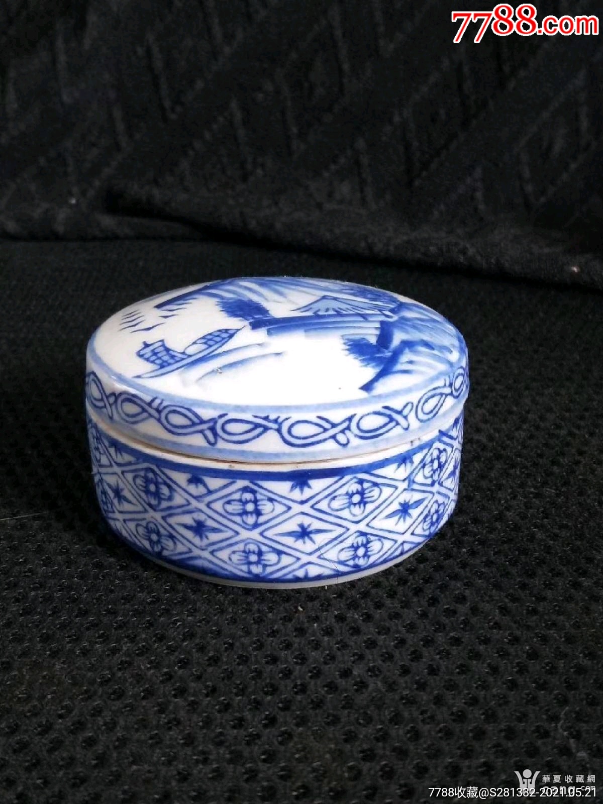 保真保老,建国初青花山水印泥盒