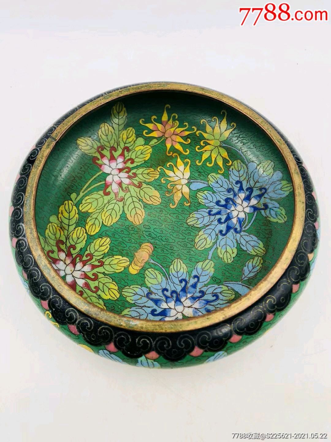 民国绿地缠枝花纹景泰蓝笔洗