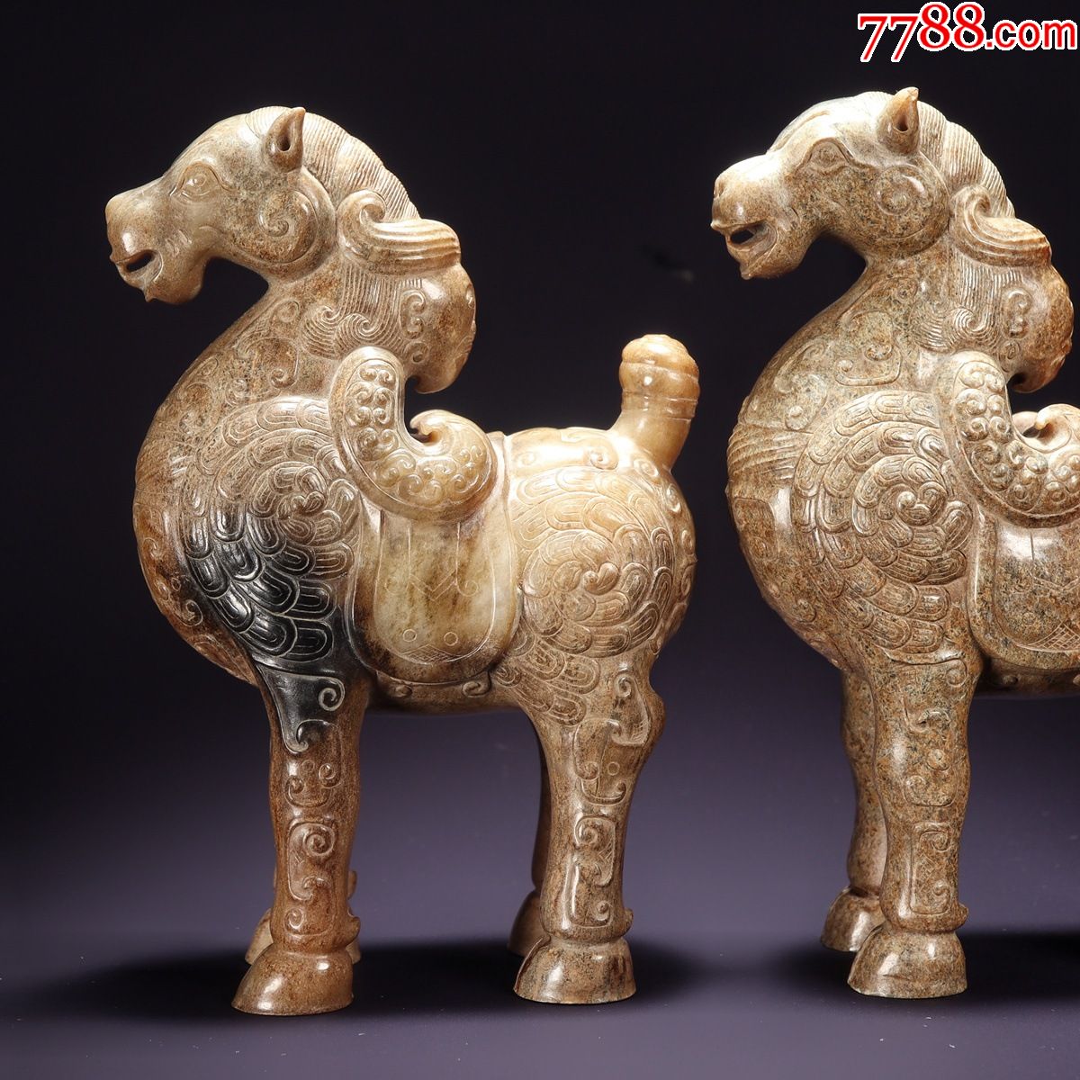 战汉老新疆和田玉白玉受沁古玉马玉马摆件一对高古
