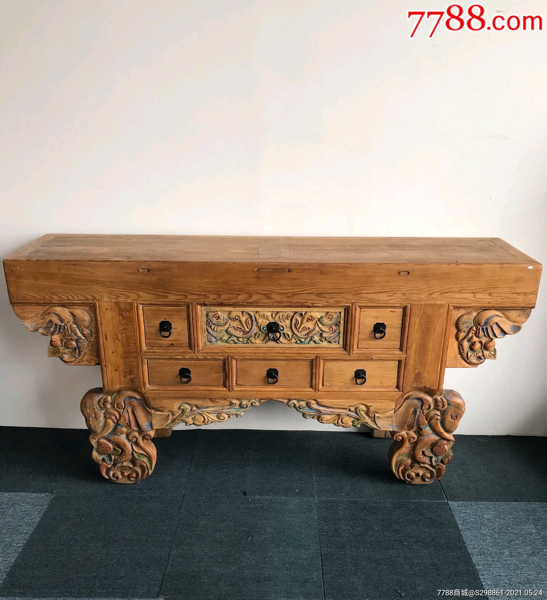 松柏木彩漆雕六抽大供案供桌平头桌高浮雕工艺尺寸1804290
