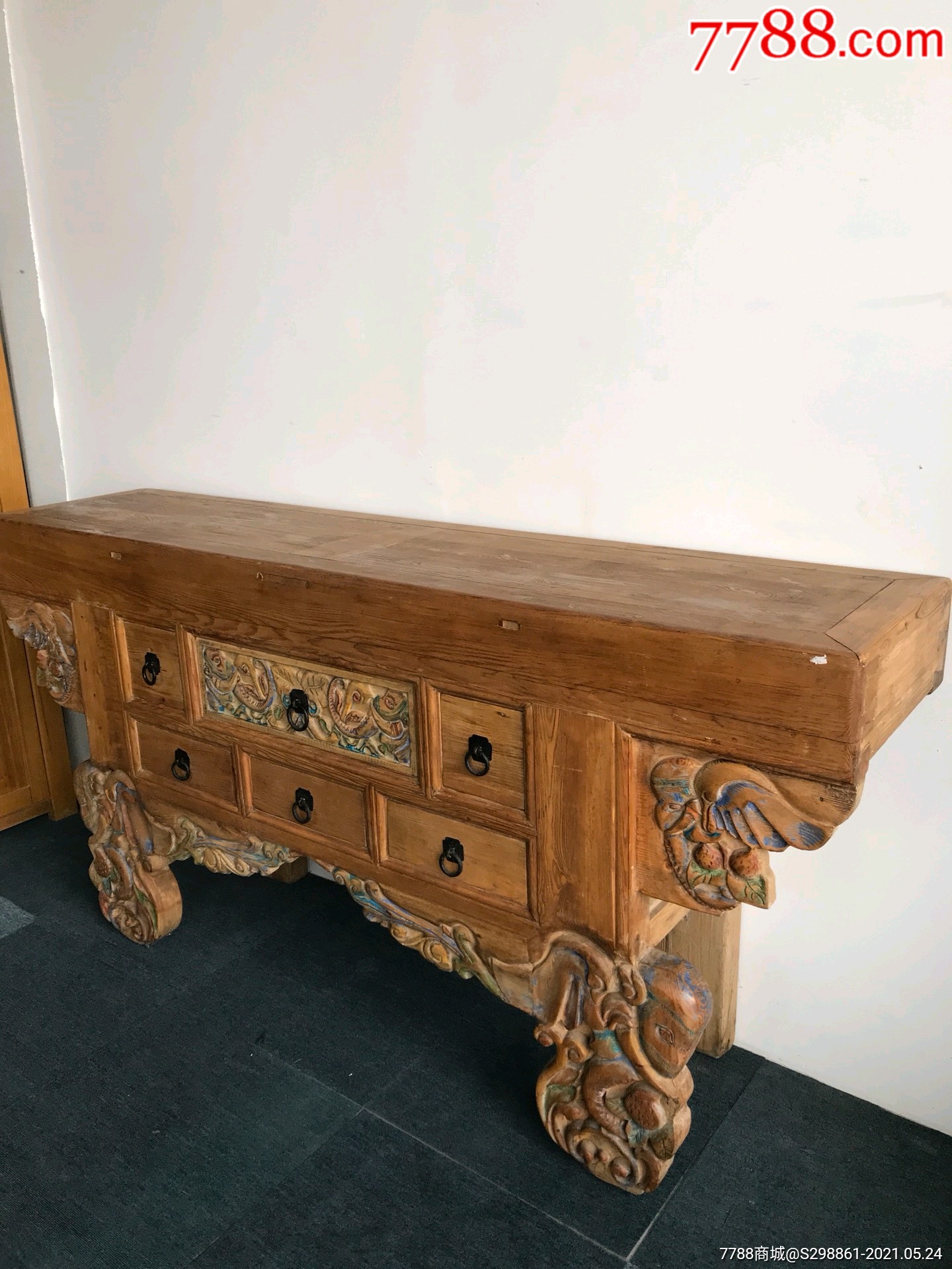 松柏木彩漆雕六抽大供案供桌平头桌高浮雕工艺尺寸1804290