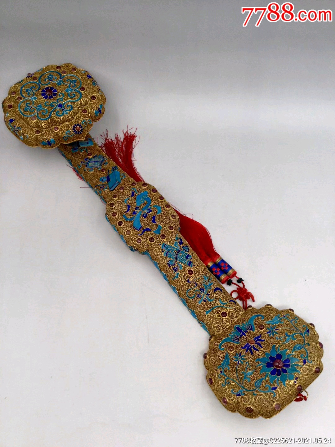 宫廷式纯银鎏金花丝镶嵌碧玺点翠八宝宝相花超大如意一柄