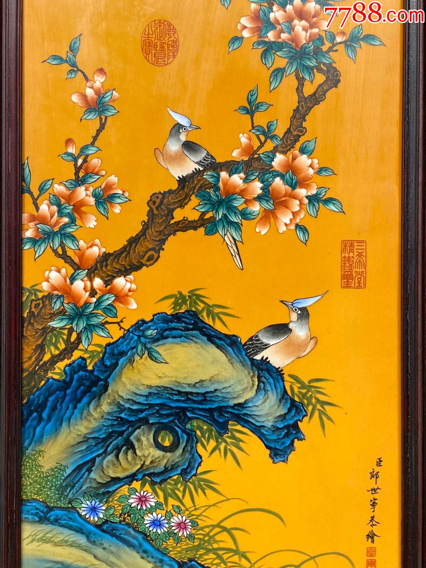 精品郎世寧小葉紫檀老框鑲瓷板畫【四季花鳥】花鳥四條掛屏