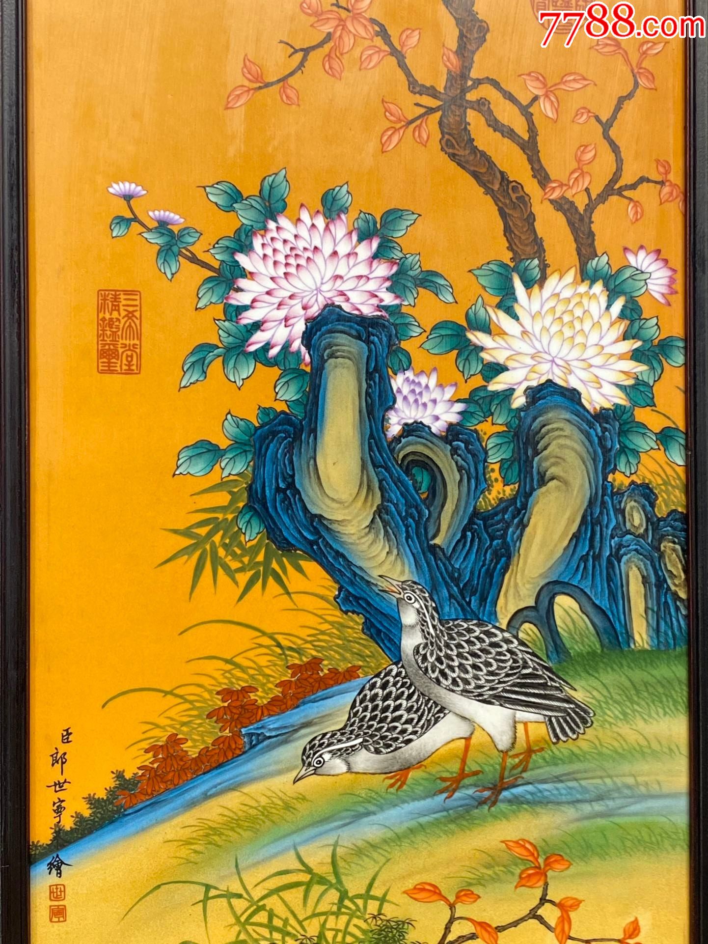 精品郎世寧小葉紫檀老框鑲瓷板畫【四季花鳥】花鳥四條掛屏