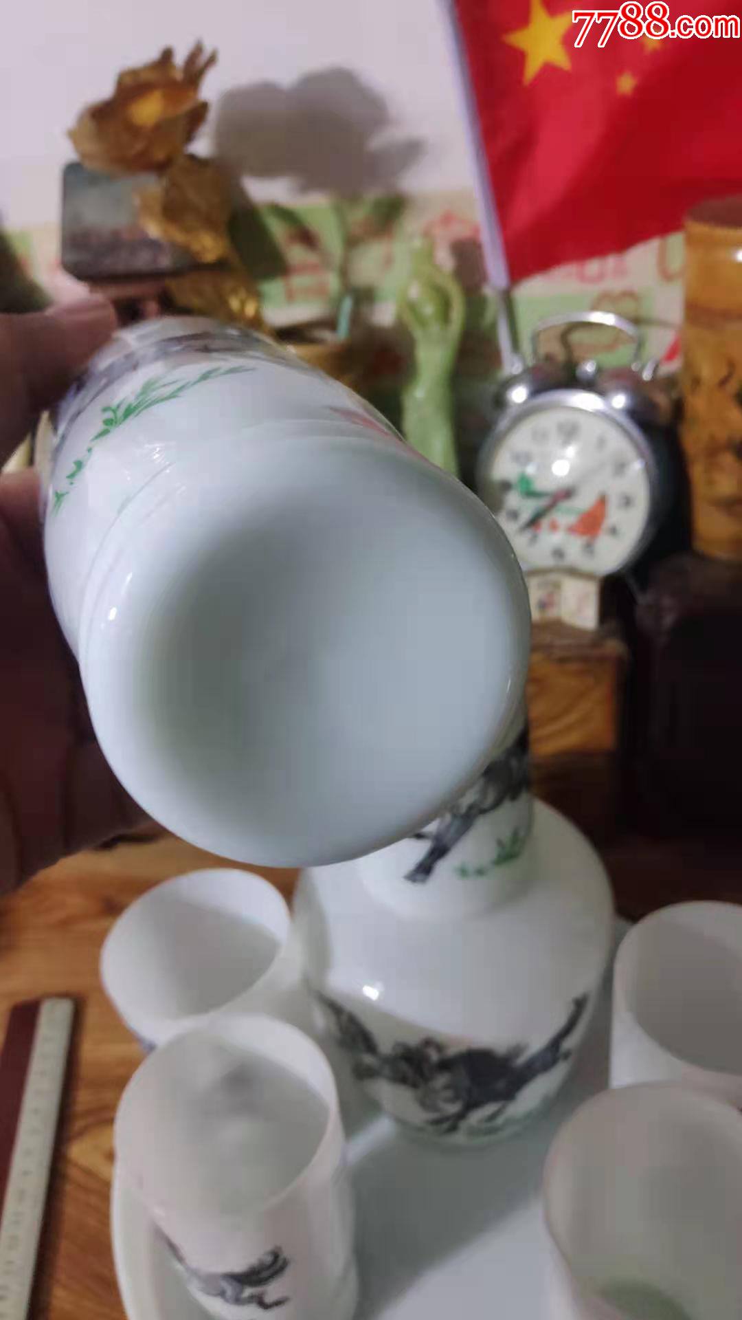 上世纪70-80年代玻璃马到成功图案凉水壶水杯杯盘一套民俗老物品.