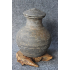 汉代短口灰陶罐净瓶陶瓶带盖完整包老高15厘米老陶器zz.2100