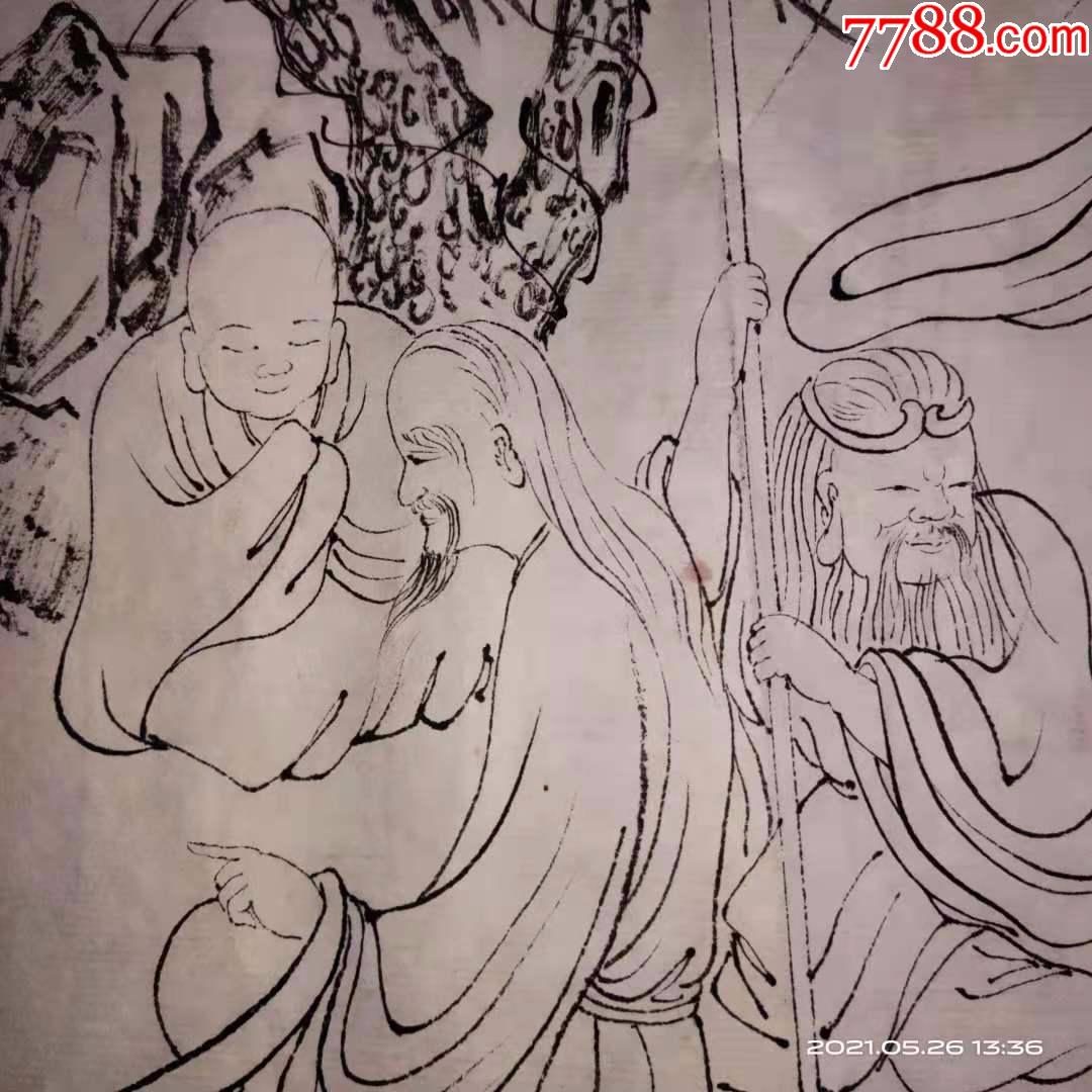 没有落款,九十年代宣纸画,工笔白描人物画国画水墨画十八罗汉图