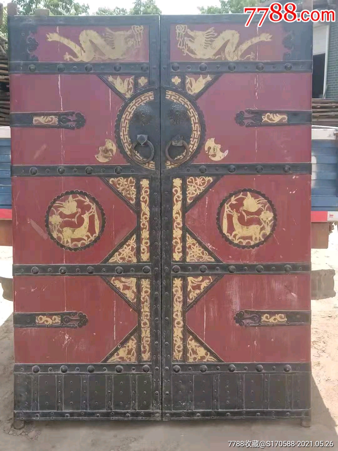 精美清代老铁艺大门一对,纯手工雕刻,描金工艺,寓意吉祥,原汁原味