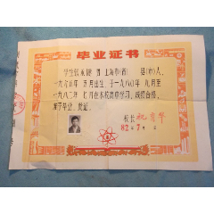 82年：上海铁路职工子弟中学高中毕业证张永健