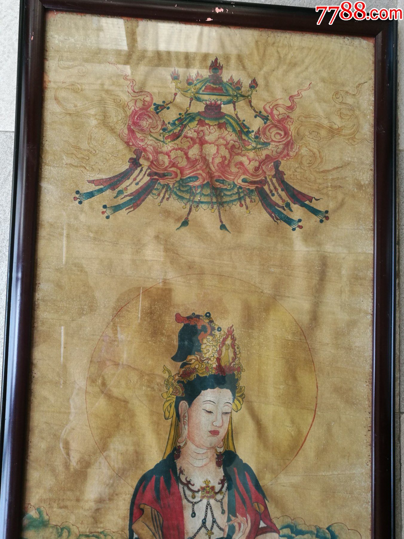 丁云鹏绘丝绢《三式佛》(3尊佛像,红木镜框装裱,128.5x45.5厘米)