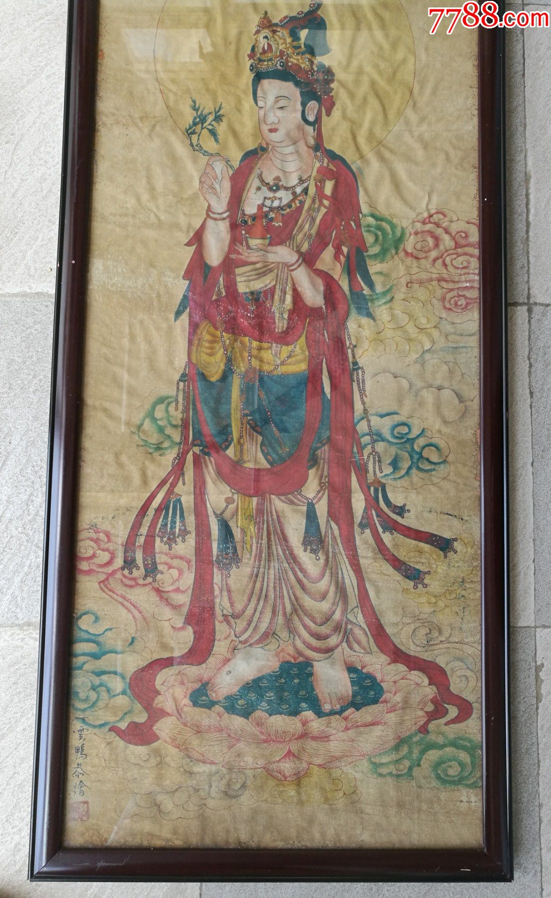 丁云鹏绘丝绢《三式佛》(3尊佛像,红木镜框装裱,128.5x45.5厘米)