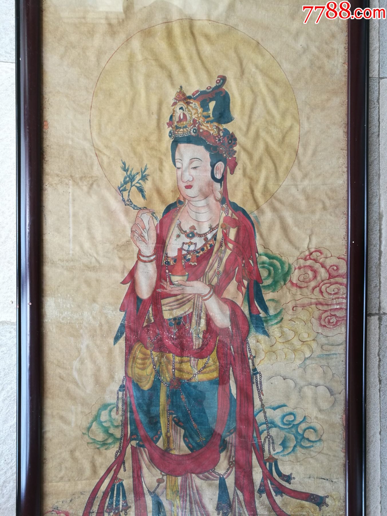 丁云鹏绘丝绢《三式佛》(3尊佛像,红木镜框装裱,128.5x45.5厘米)