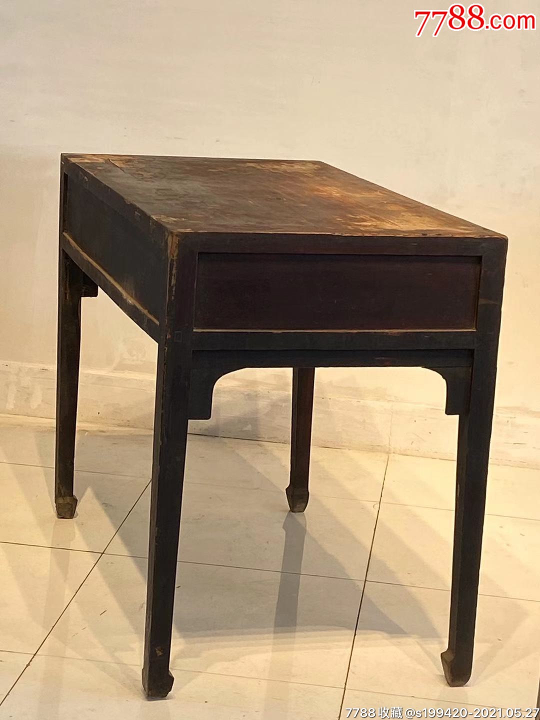 清代榆木三抽老书桌透雕螭龙如意云纹结实牢固尺寸110563588