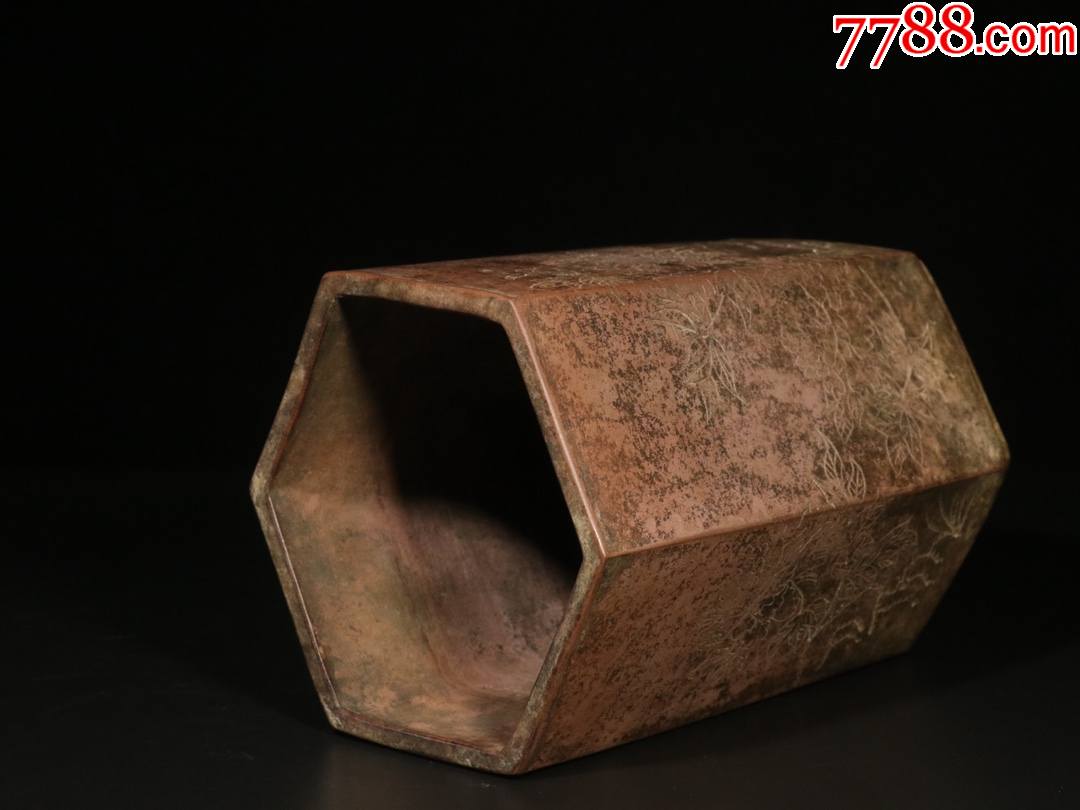 手工刻花卉诗文六方紫砂笔筒
