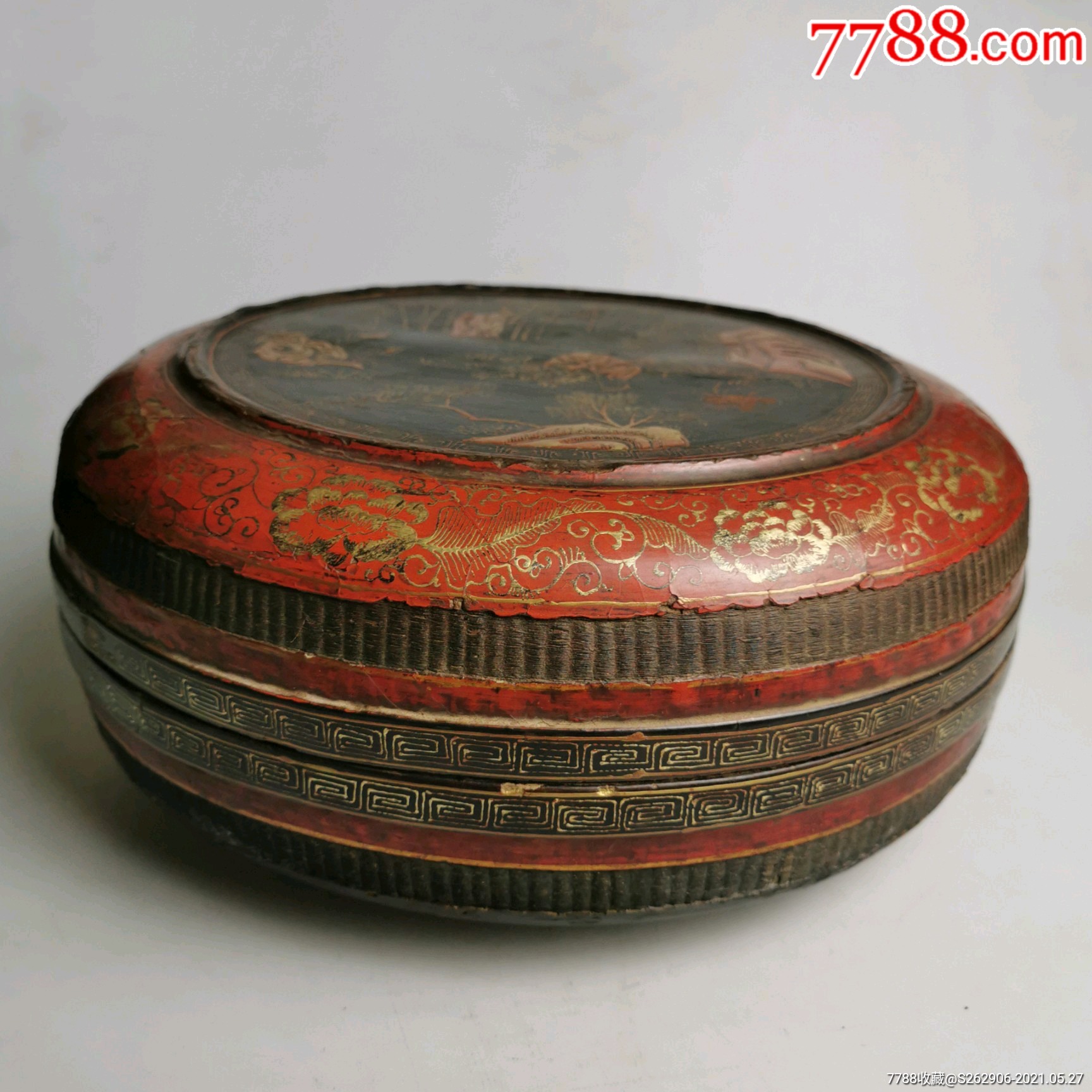 老漆盒圆漆捧盒描金人物故事漆器盖盒_价格6000元