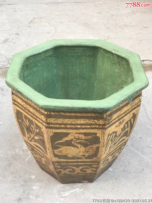 清代八角荷花缸图案清晰釉水一流寓意祥和包浆温润器型归正制作工艺