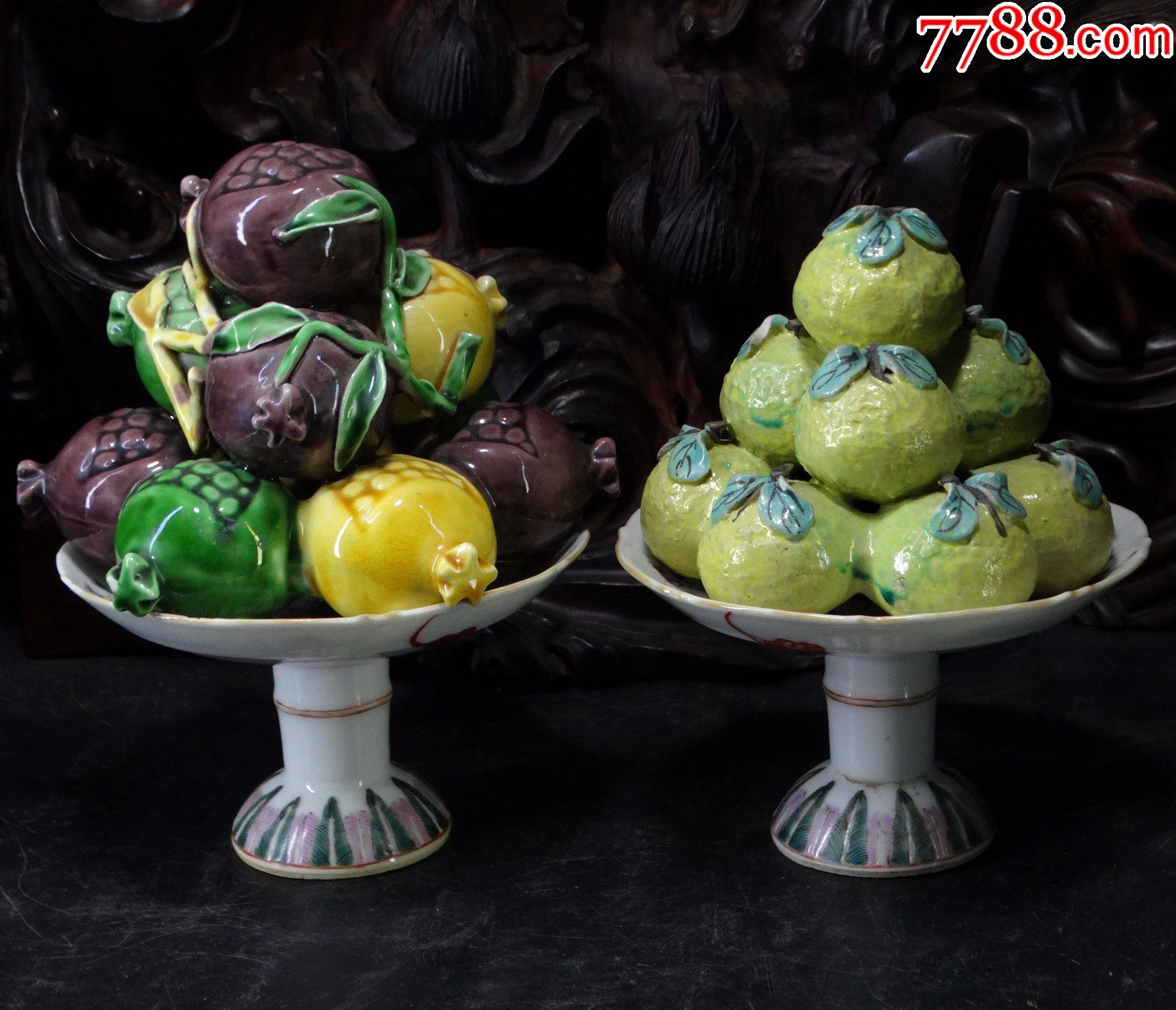 10501明清代民国花口花卉纹粉彩高足贡盘仿生果石榴桔子佛前供品