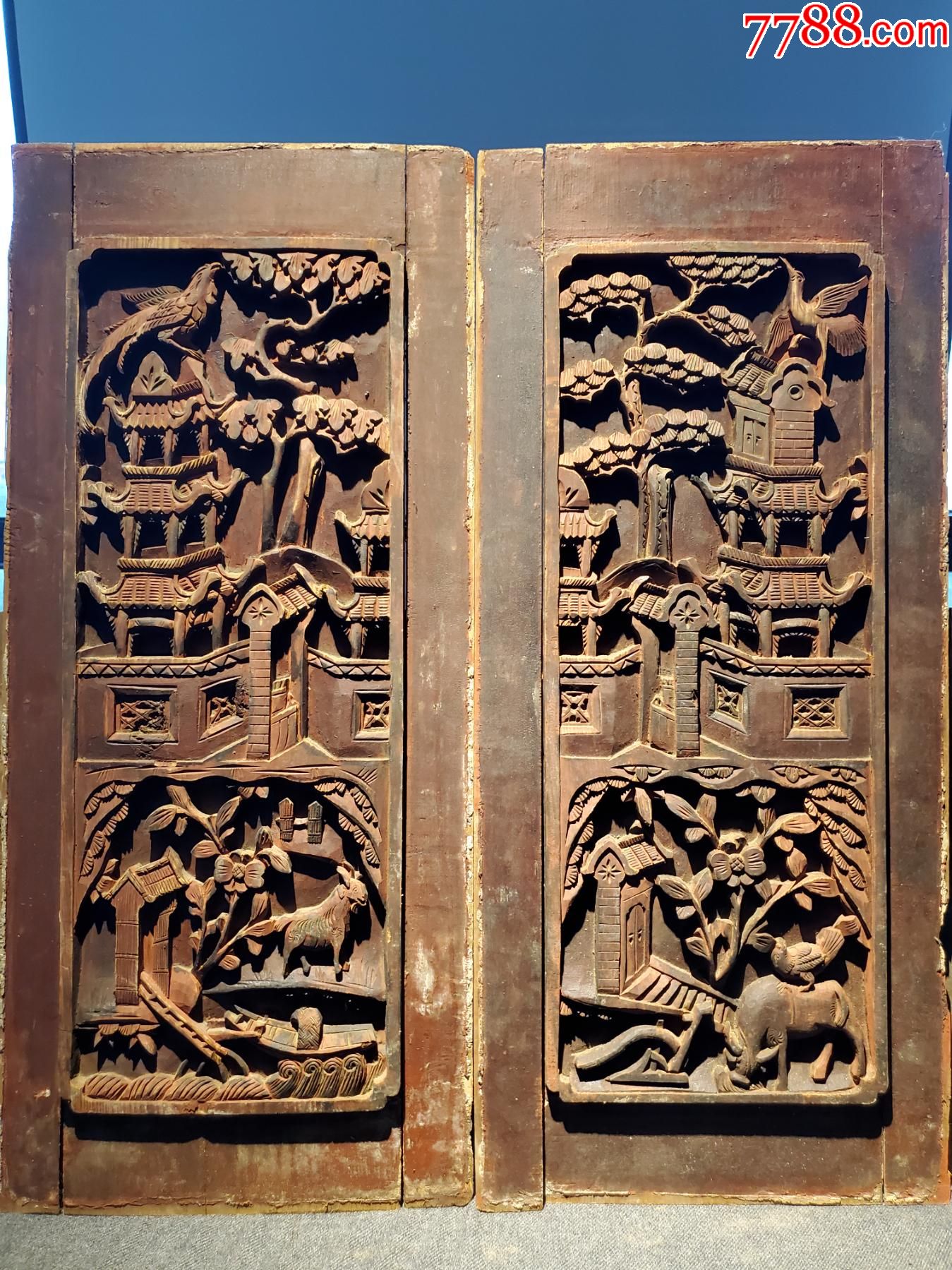 一对亭台楼阁老木雕大板子，花板木雕品相如图，精彩画风风格独特_木雕花板_古物间【7788收藏__收藏热线】