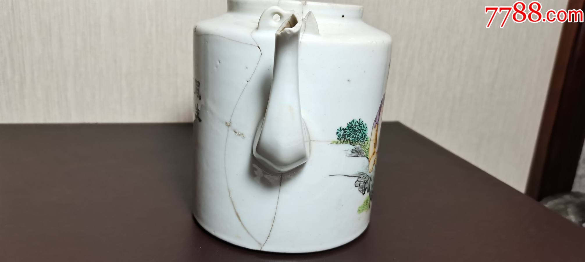 民国名渊明爱菊老头小孩题材瓷壶家郭来顺浅绛人物提梁壶茶壶标本器