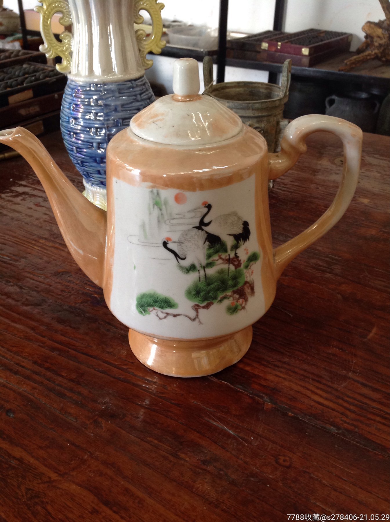 彩绘松鹤延年茶壶_彩绘瓷/彩瓷_第1张_7788瓷器