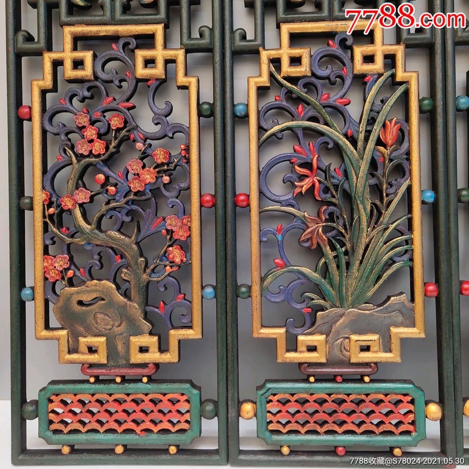 香樟木漆器四条屏纯手工雕刻镂空工艺漆器彩绘四条挂