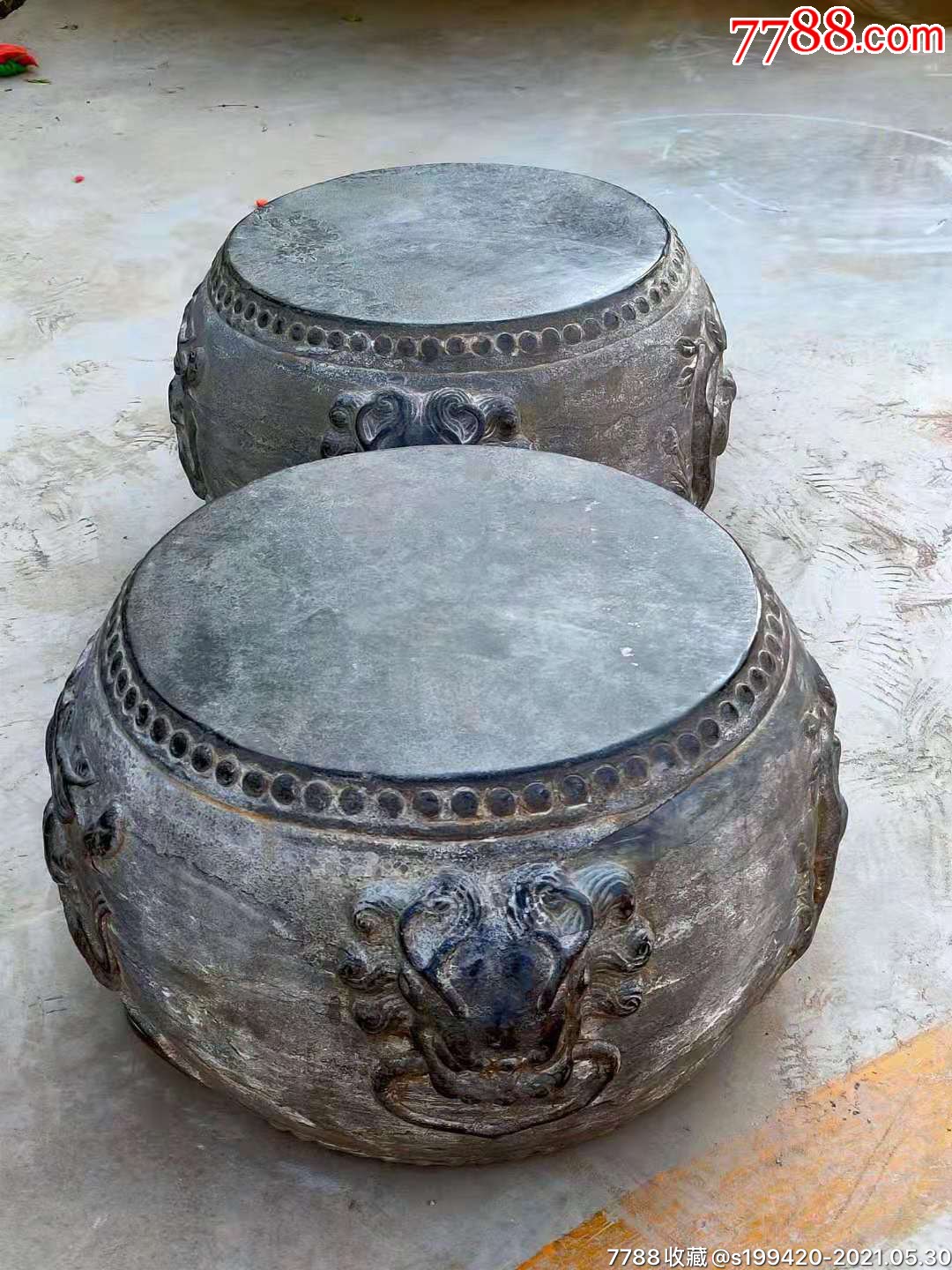 青石兽头石鼓一对,满工高浮雕,可做花架,全品无损.