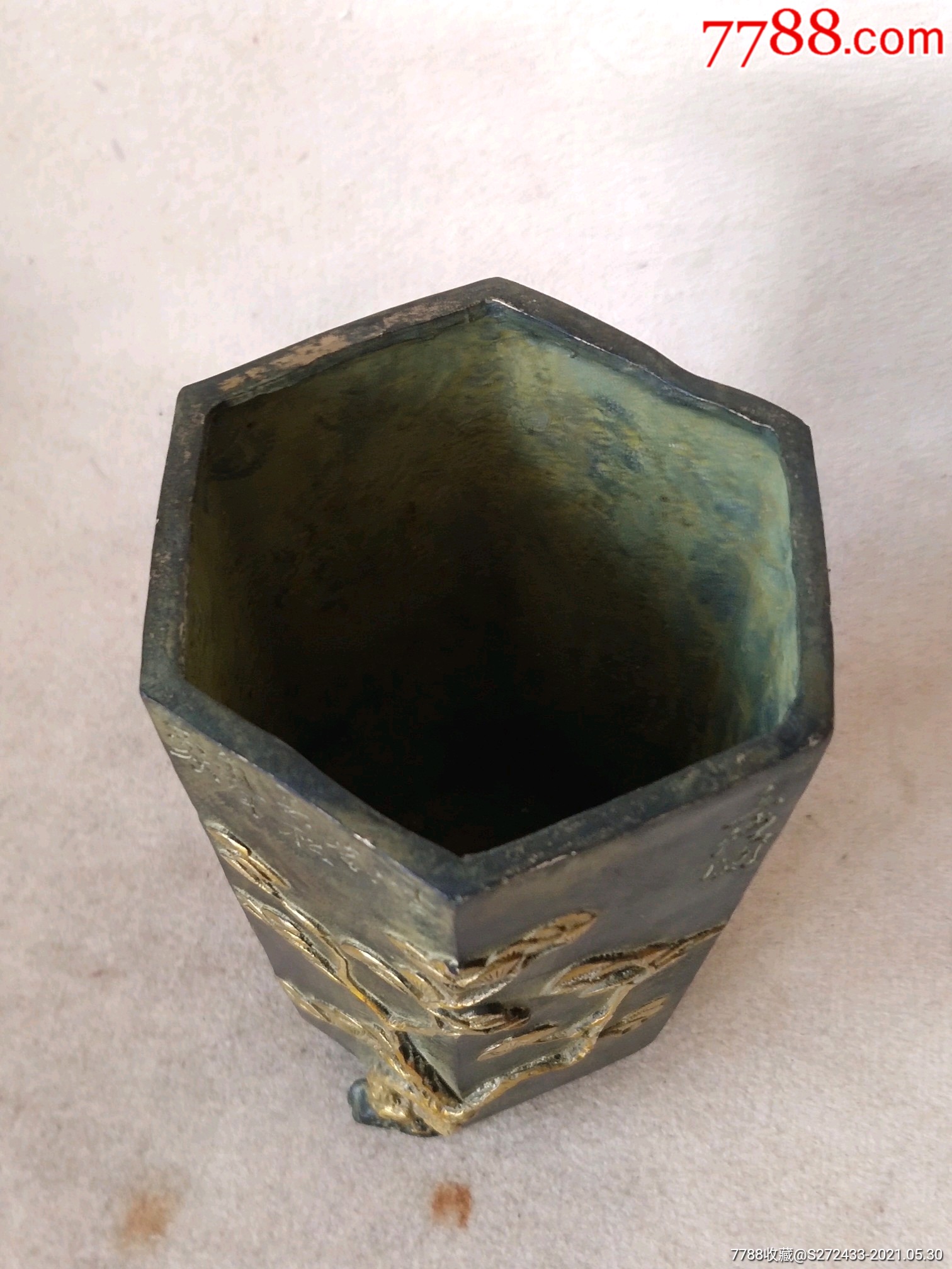铜鎏金六角笔筒品相精美造型独特保存完好