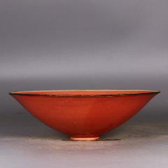 定窑珊瑚红缠枝花纹镶口斗笠碗62218厘米工艺品