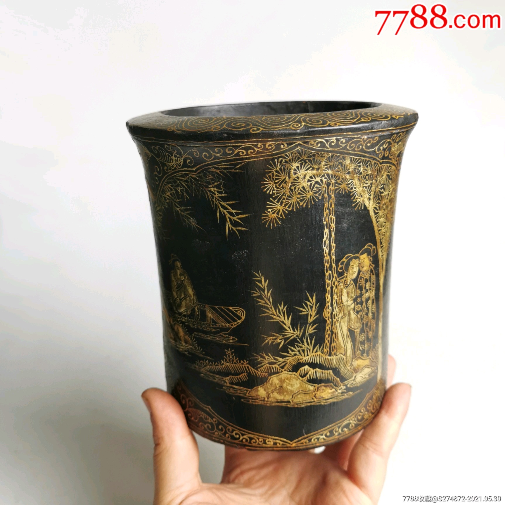 清代大漆描金人物故事漆器笔筒