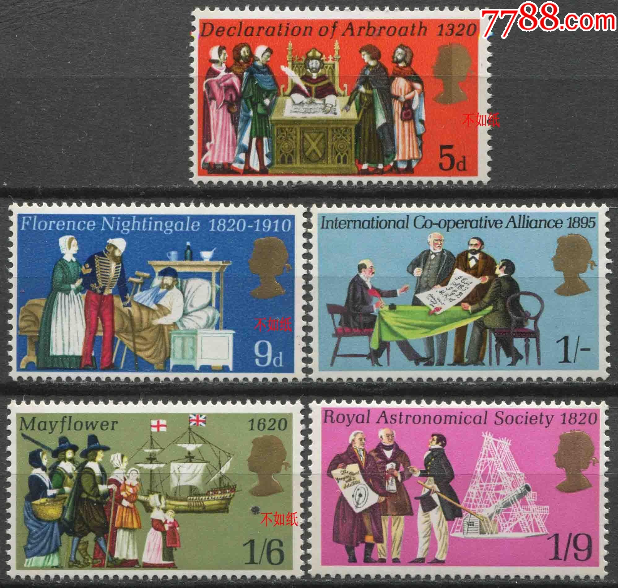 英国邮票1970年纪念日南丁格尔五月花起航皇家天文协会等5全新eur1