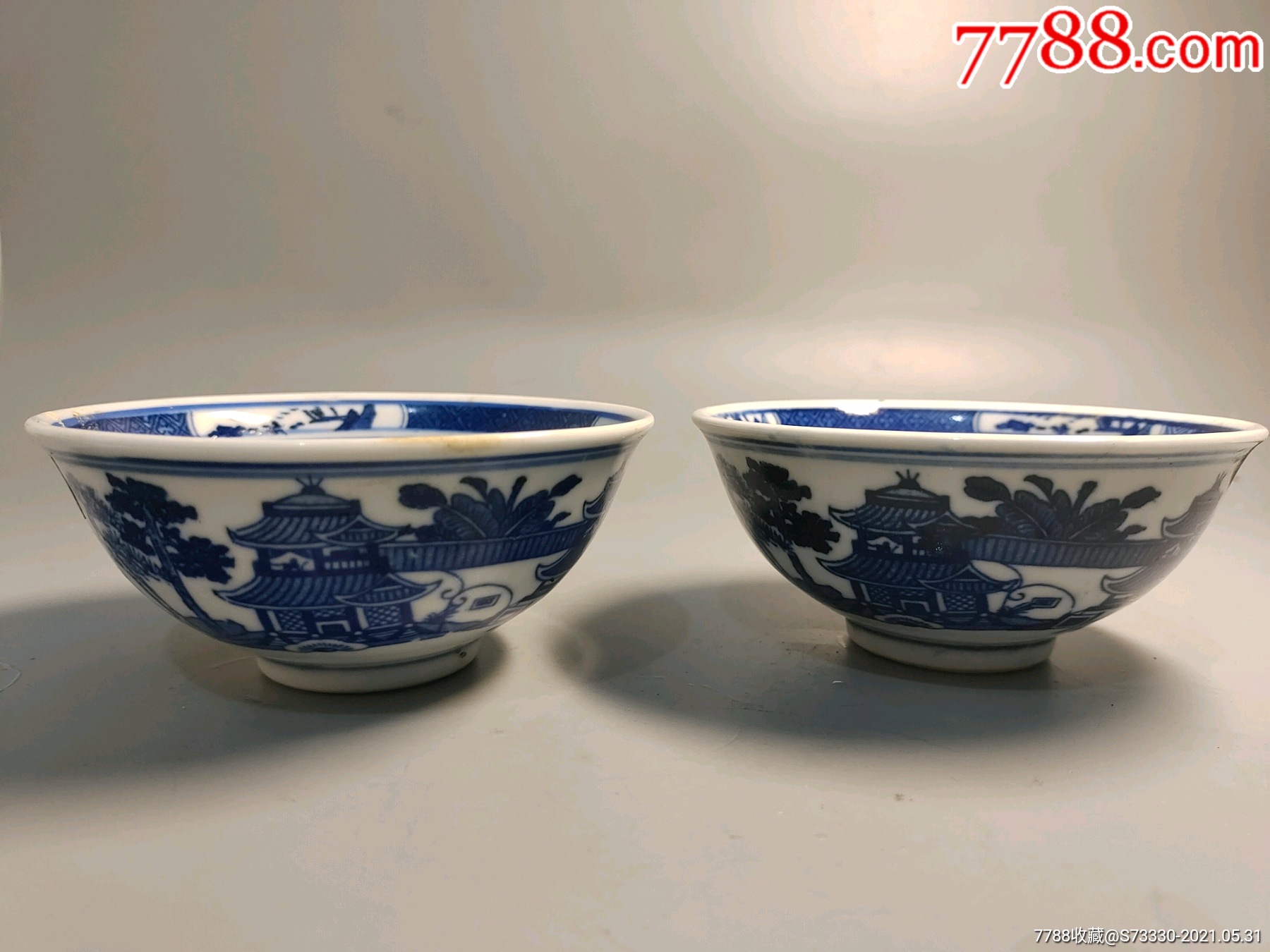 80年代景德镇青花梧桐小碗一对1