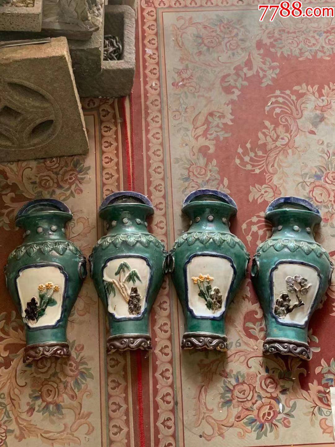 老石湾绿地开窗浮雕梅兰竹菊大花瓶型挂壁四条一套