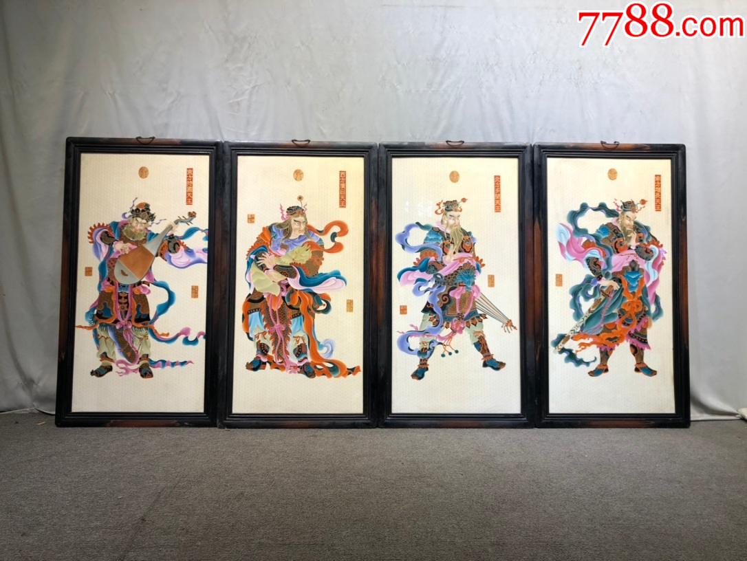 精品小叶紫檀满金星老框镶瓷板画纯手绘白底加彩掐丝珐琅四大天王挂屏