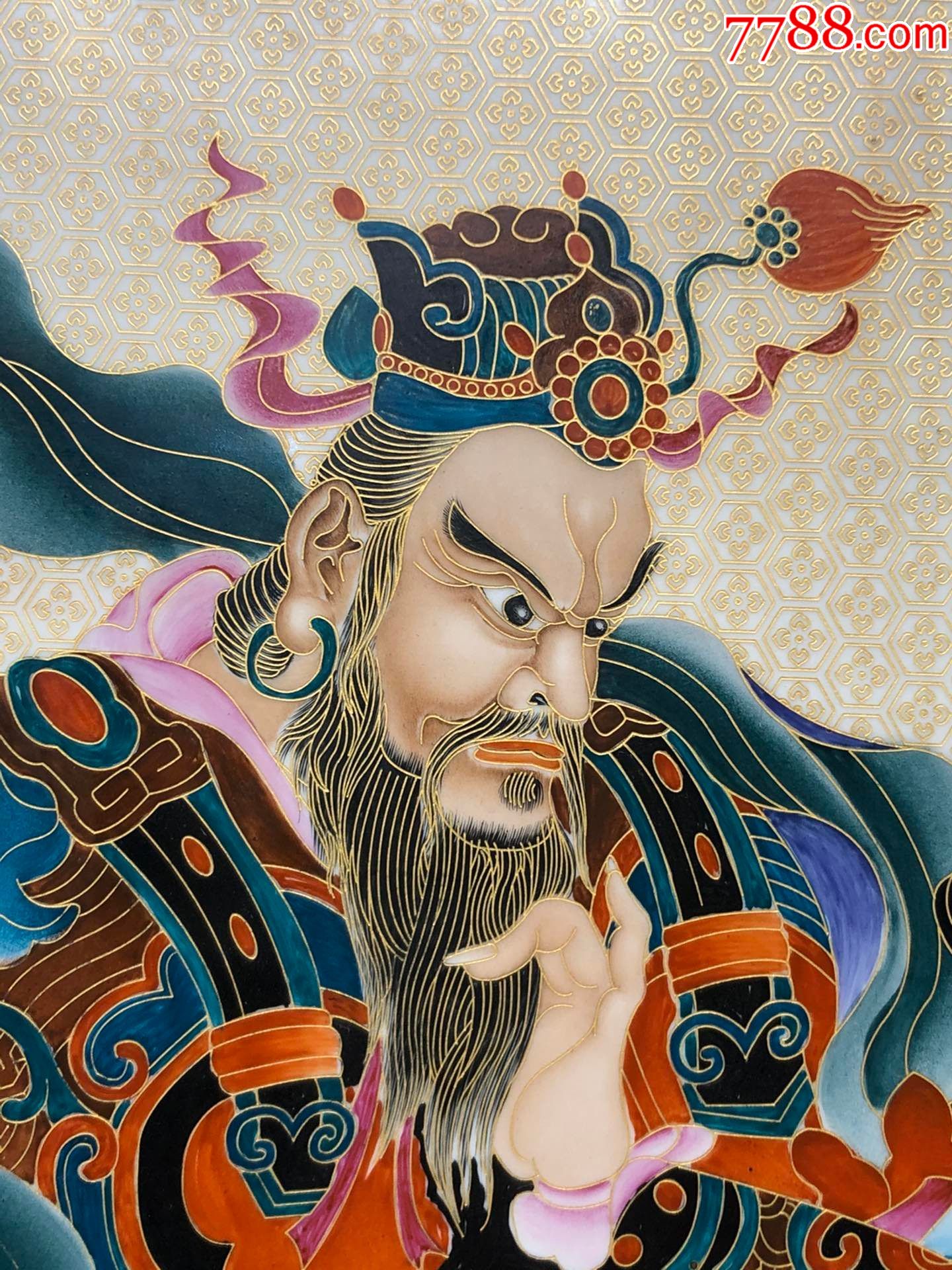 精品小叶紫檀满金星老框镶瓷板画纯手绘白底加彩掐丝珐琅【四大天王】