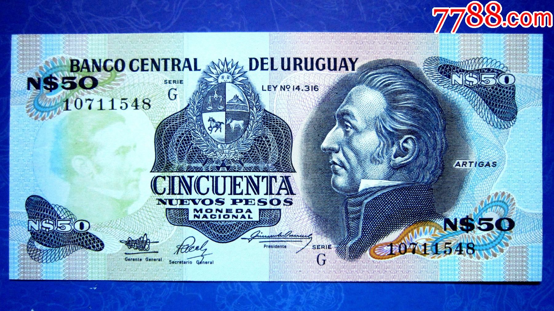 保真精美外钞乌拉圭198年50比索荧光金属线防伪