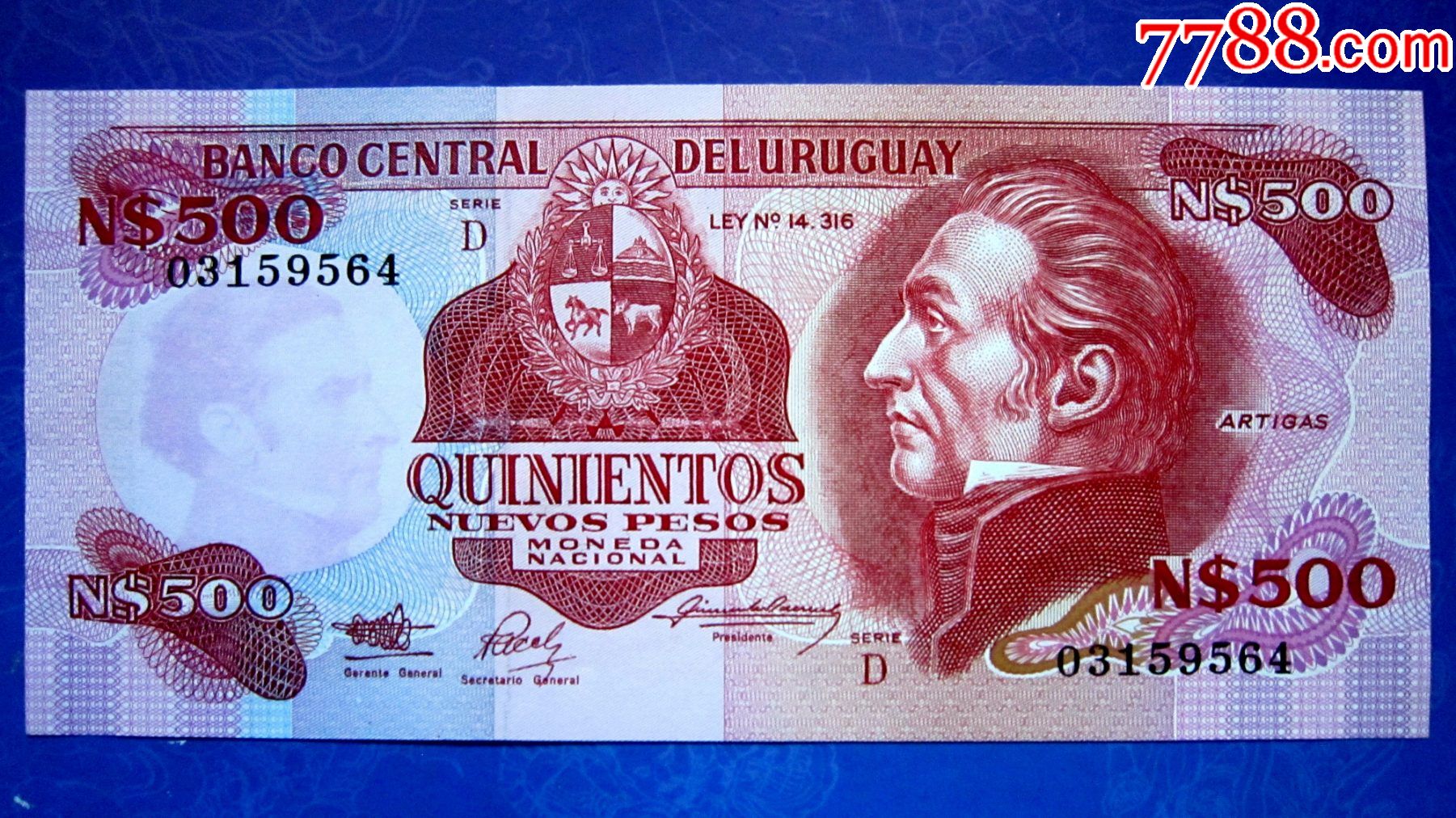 特少稀缺钞【保真精美外钞】乌拉圭1991年500比索【荧光金属线防伪】