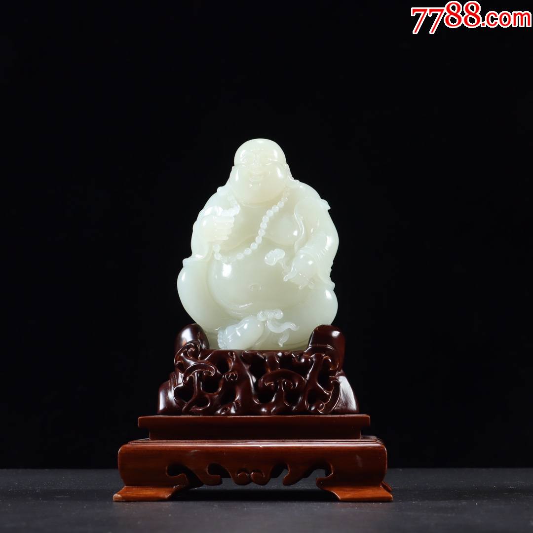 收藏级和田玉带原装底座弥勒佛摆件