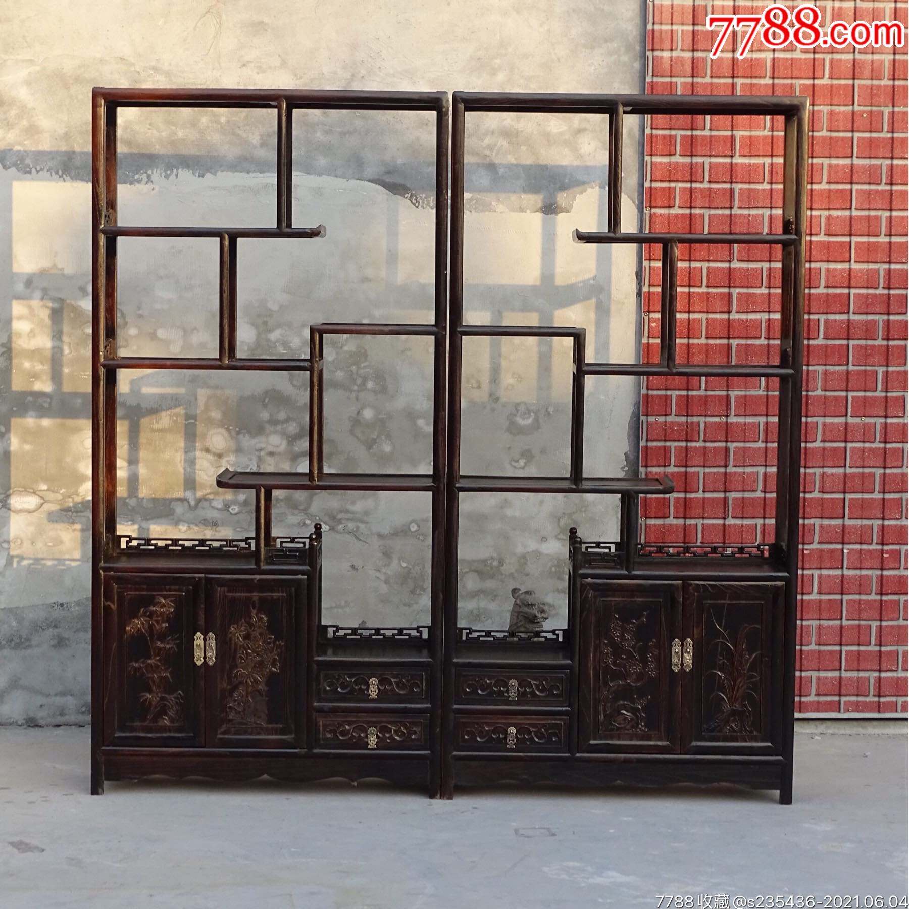 多宝阁两抽两门雕刻梅兰竹菊古典风格榆木单个尺寸200