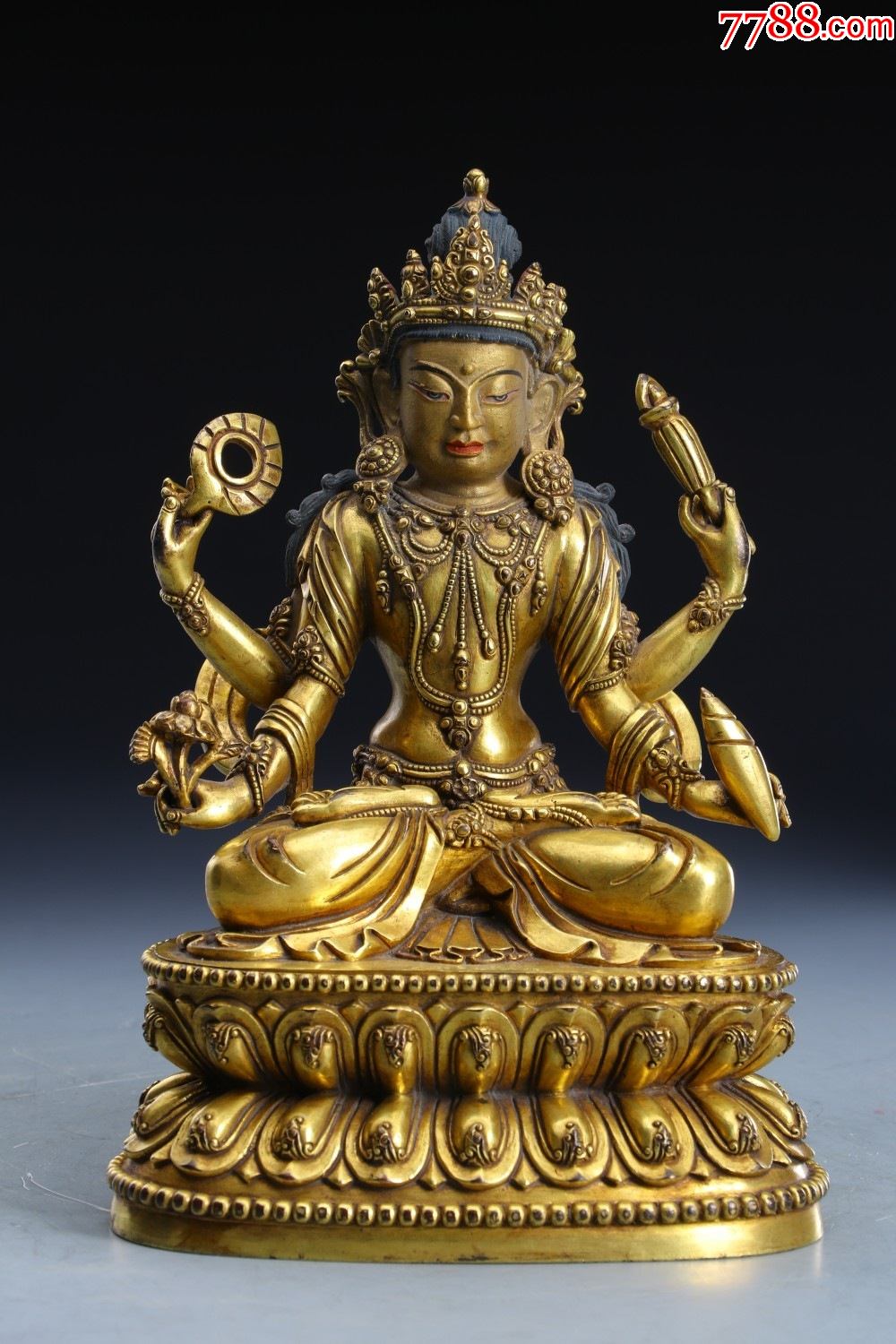铜鎏金四臂观音坐像-铜像/铜佛像-7788商城