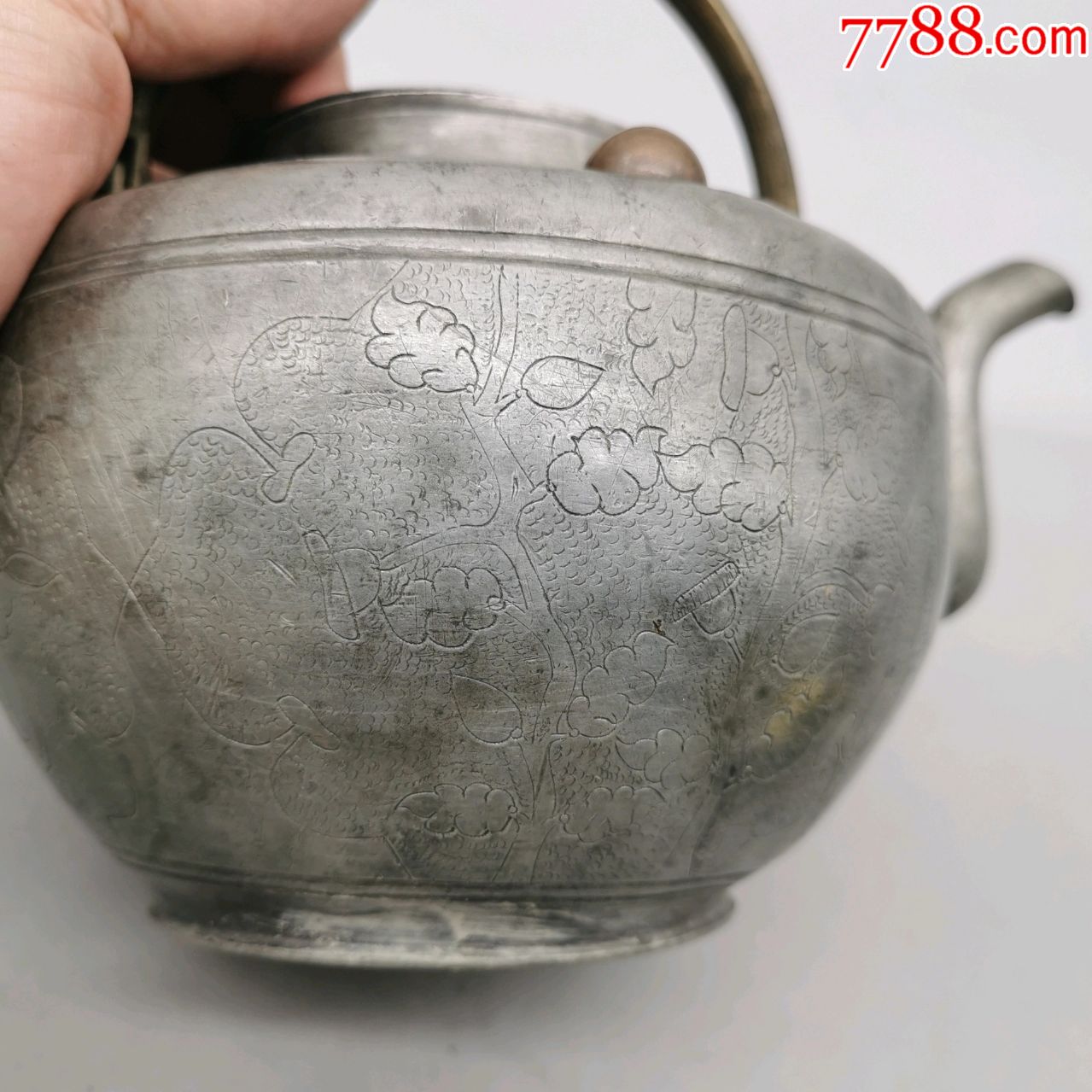 点铜金盛锡铺清代白锡壶满工錾刻花纹白锡套壶_锡壶/锡器_第8张_7788