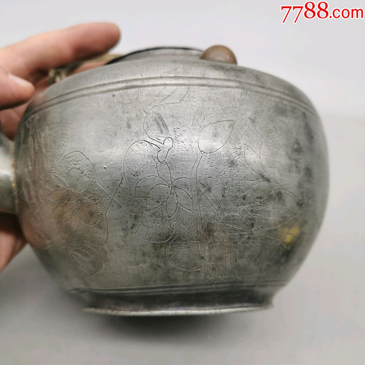 点铜金盛锡铺清代白锡壶满工錾刻花纹白锡套壶_锡壶/锡器_第10张_7788