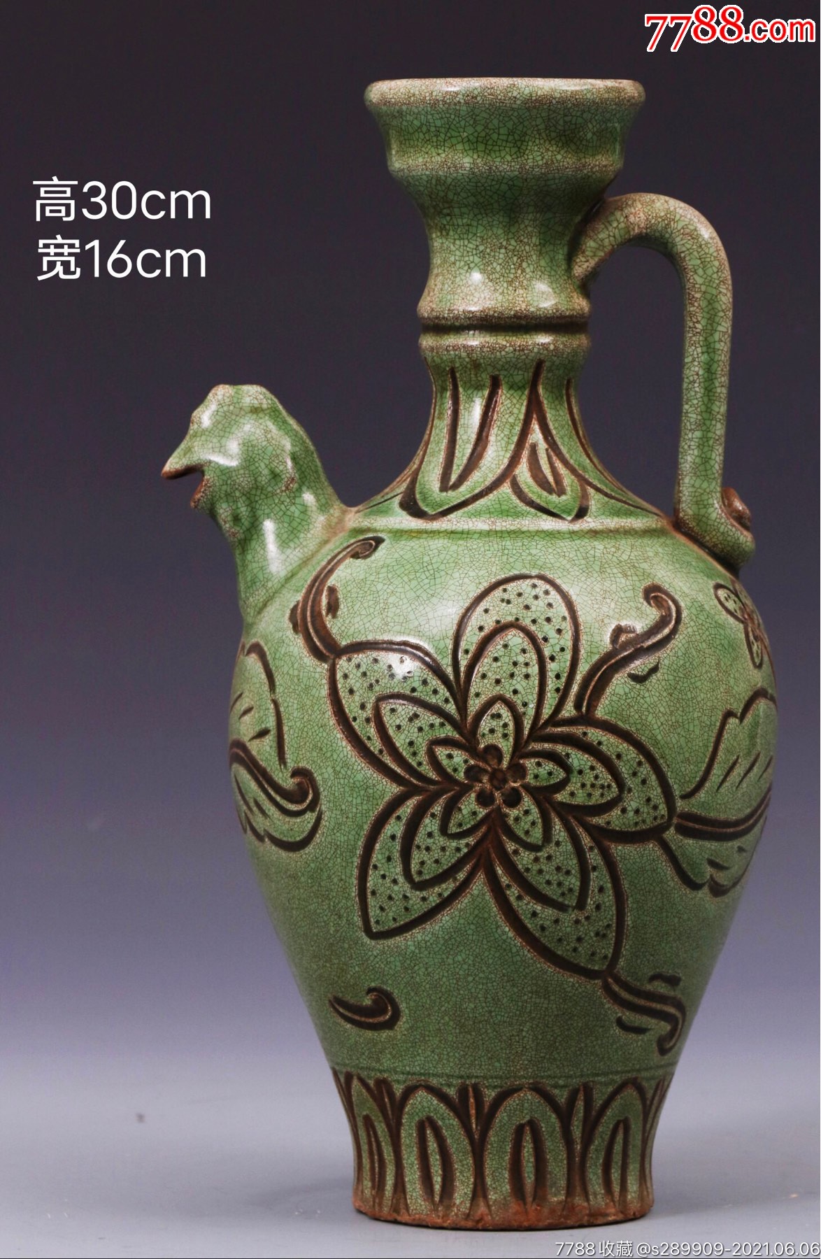 美品·精工细作满工磁州窑绿釉刻瓷花卉纹凤首执壶.-彩绘瓷/彩瓷-7788