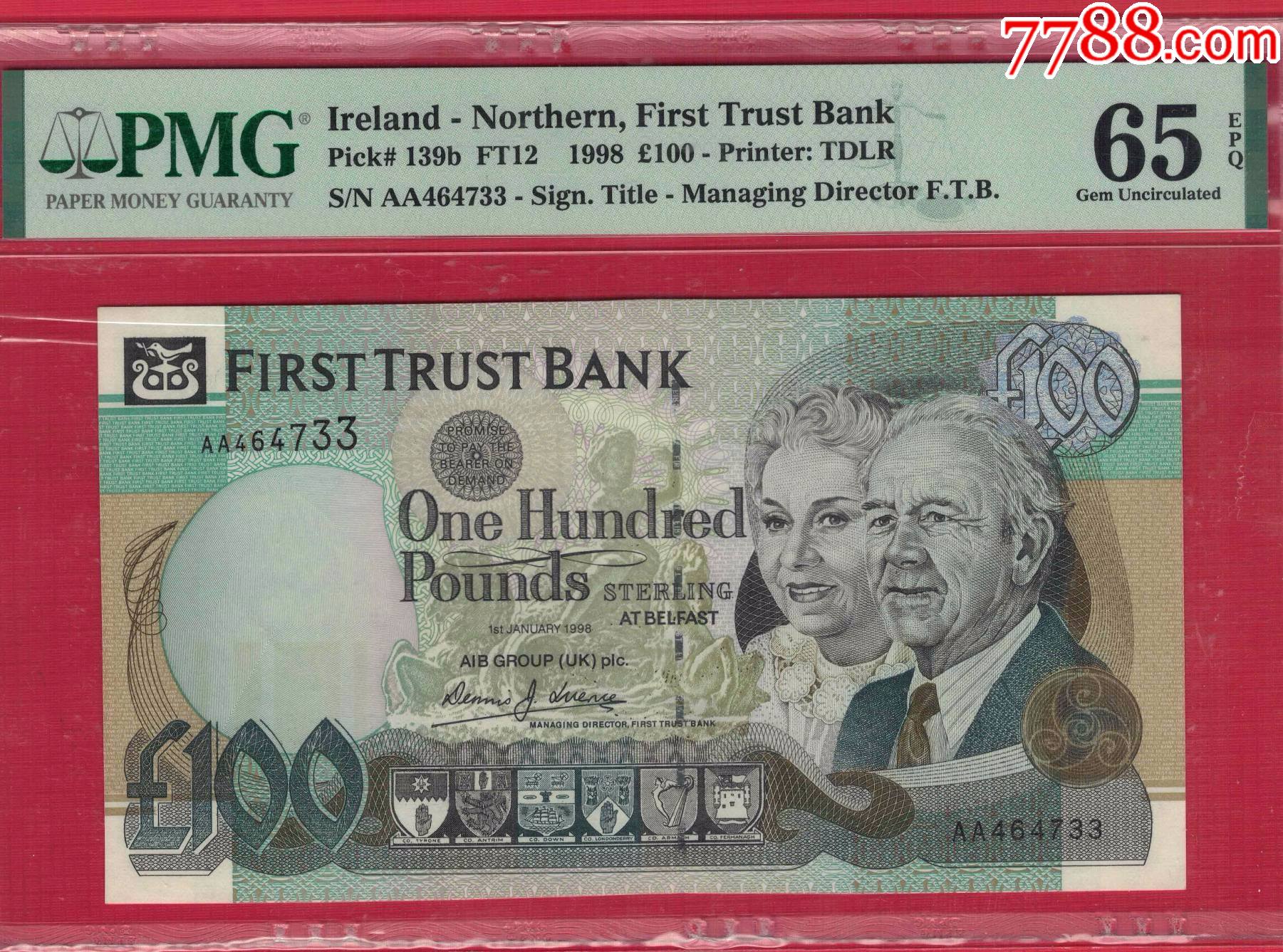 北爱尔兰1998年100镑/aa冠/33双尾/实图/un