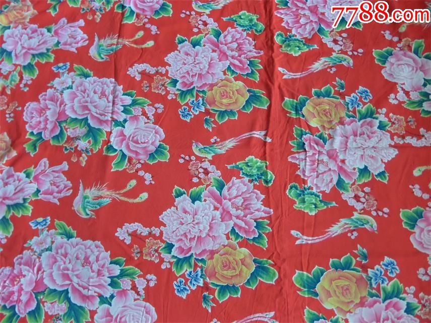 老被面收藏七八十年代东北大花布凤尾鸟牡丹花图案(415)_床单/被套_鑫