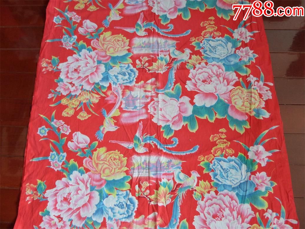 老被面780年代东北大花布凤尾鸟风景图案420