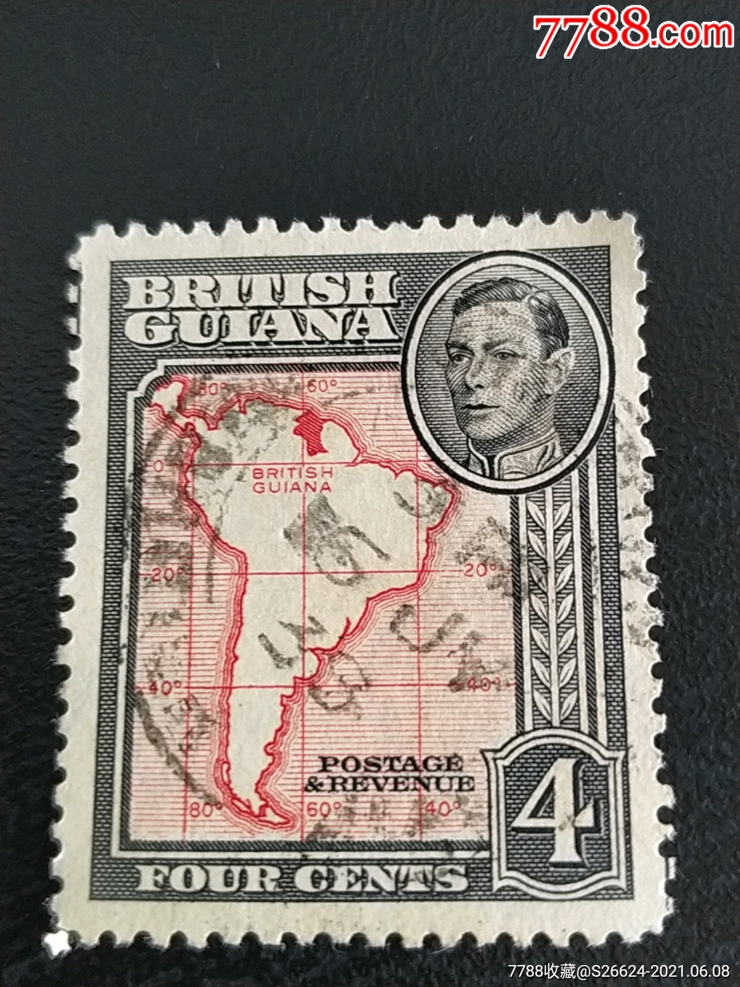 1938年圭亚那乔治六世和南美洲地图雕刻版水印普通邮票1枚销