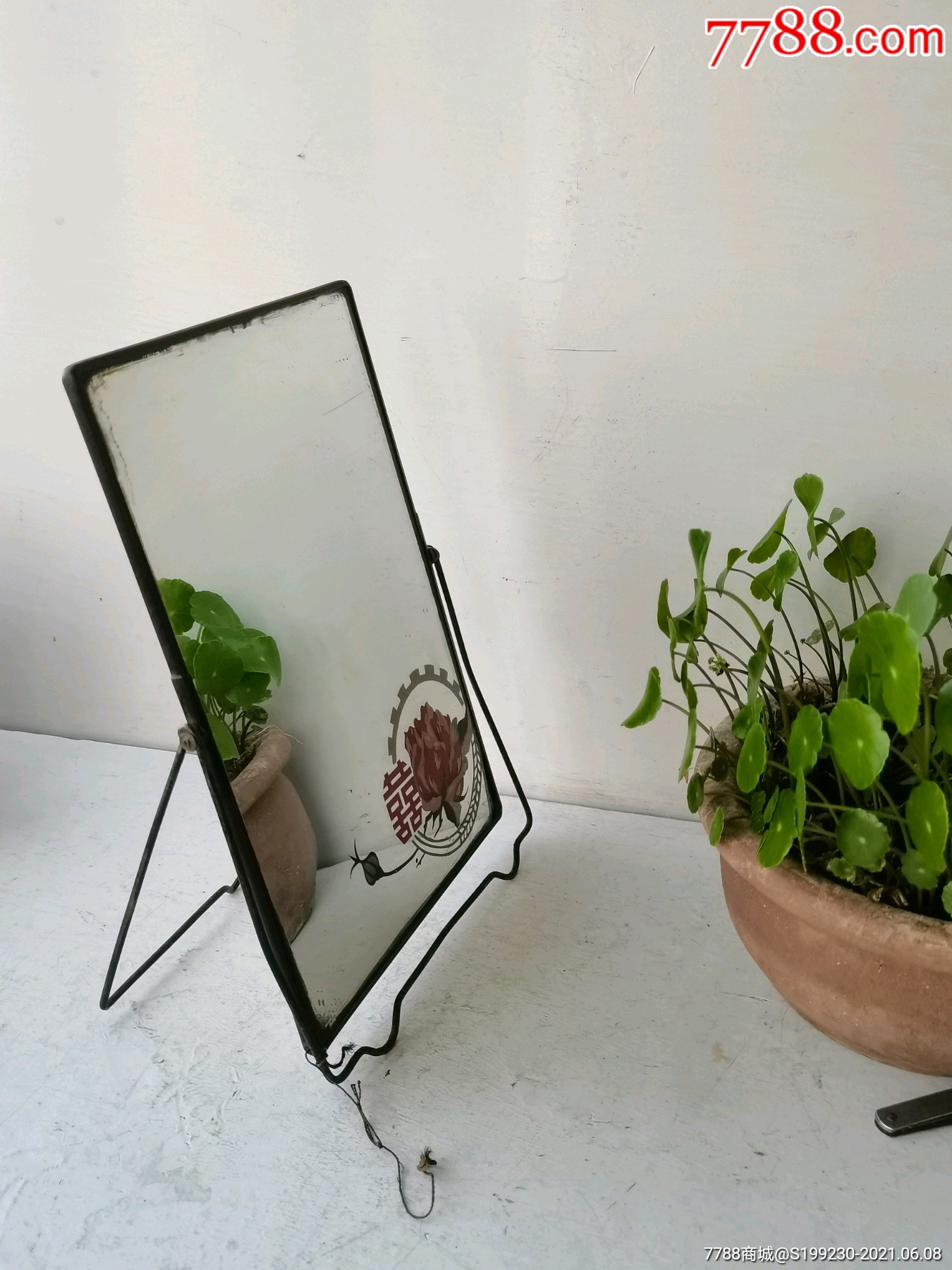 红双喜纹饰老玻璃镜子玻璃老支镜